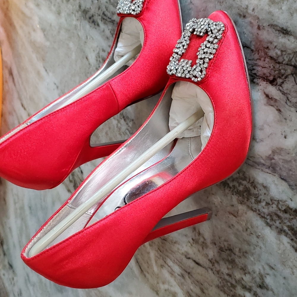 Red Satin Heels with Rhinestone Embellishments on the Toe, Size 7 Womens